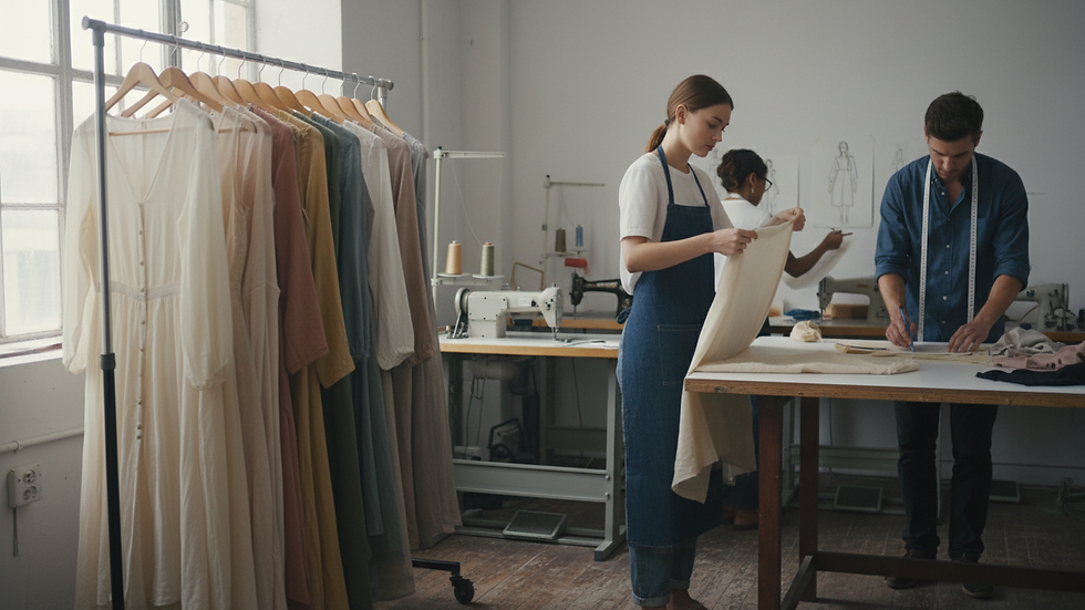 Eye-level view of a clothing rack with neatly arranged dresses in soft fabrics