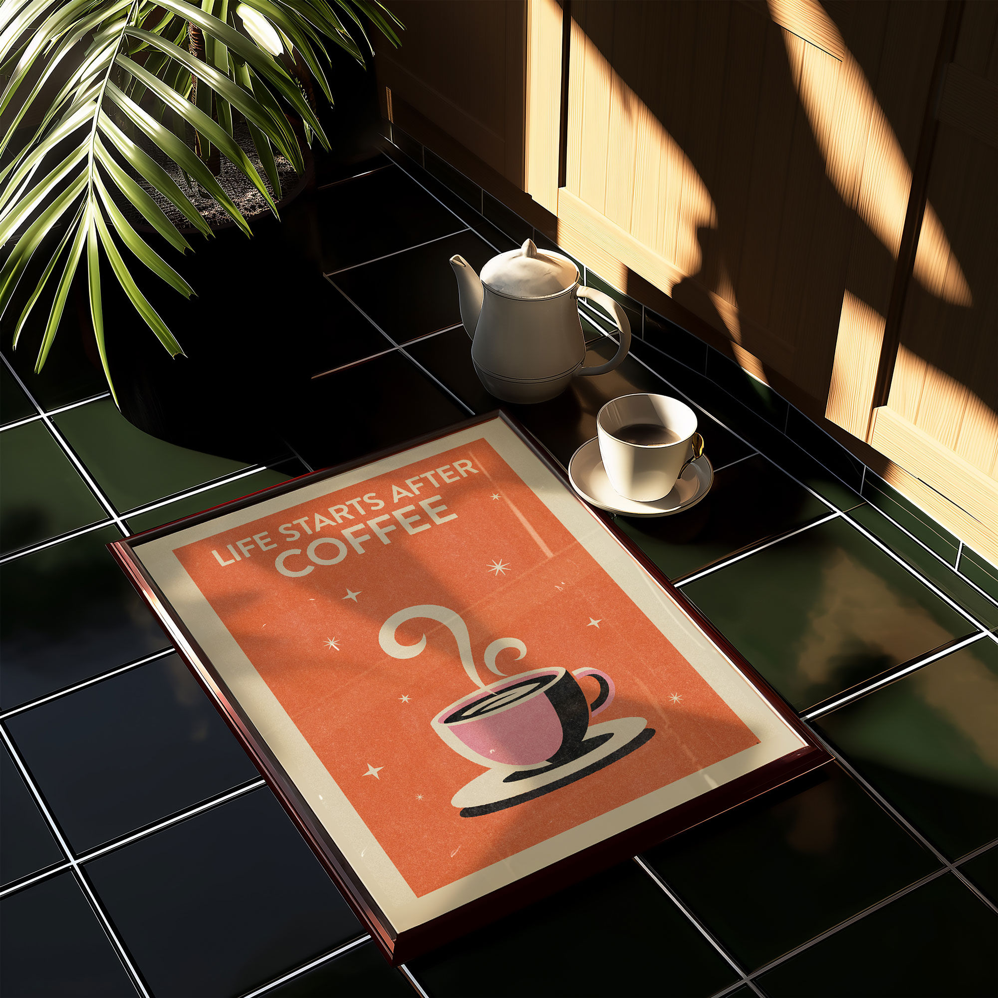 Minimalist coffee poster styled on dark tiled surface with morning light