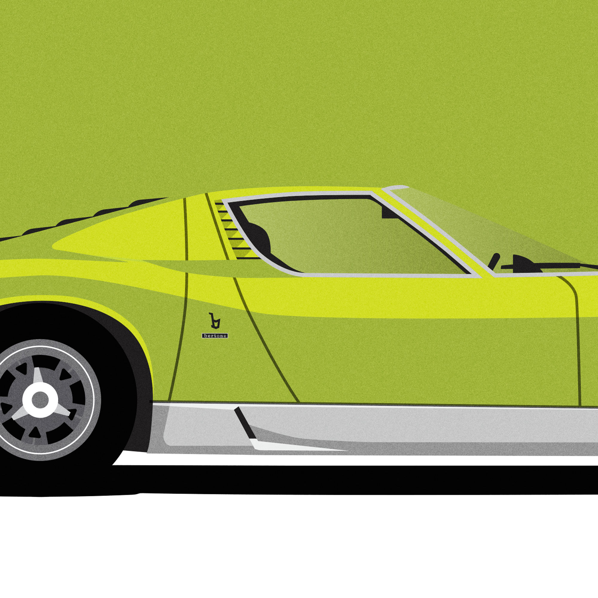Close-up of green Lamborghini Miura art print showing front wheel and side detail