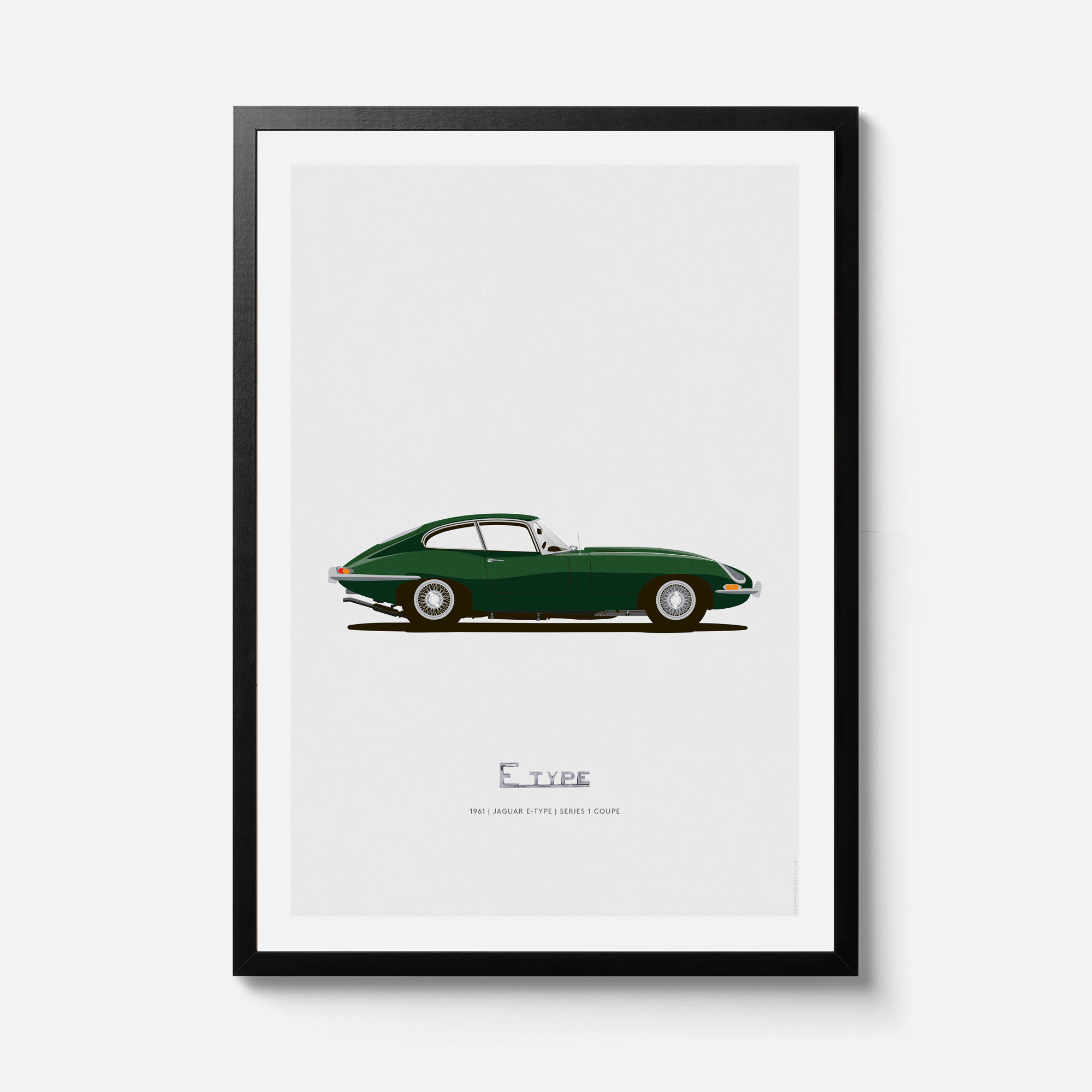 Jaguar E-Type Series 1 minimalist wall art print — framed classic British sports car poster, gift for him