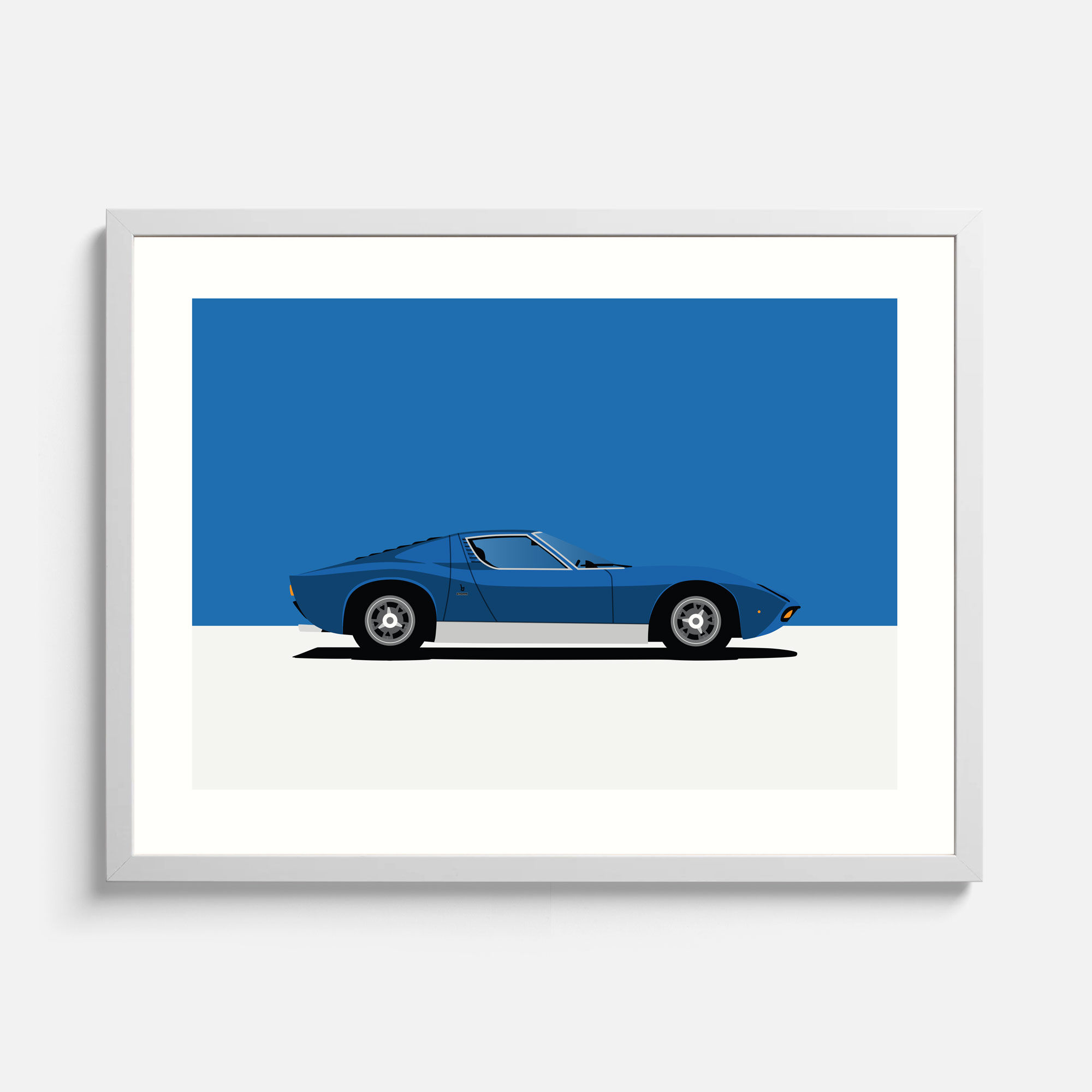 White framed graphic illustration of a red Lamborghini Miura against a red background