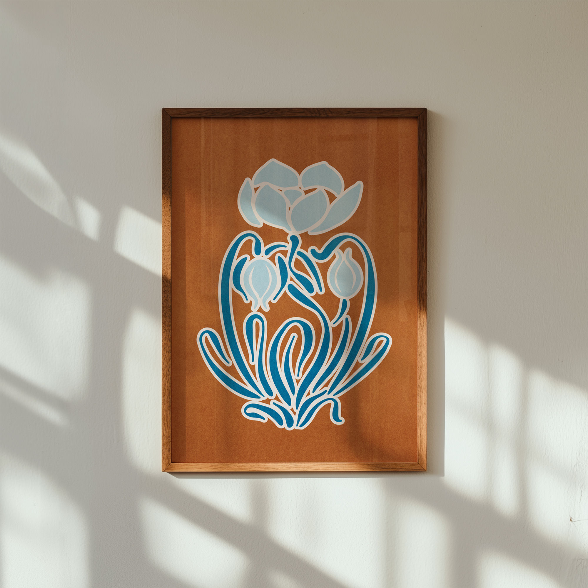 Iris flower minimalist botanical art print displayed in a modern home interior — quiet organic elegance, gallery wall or hall