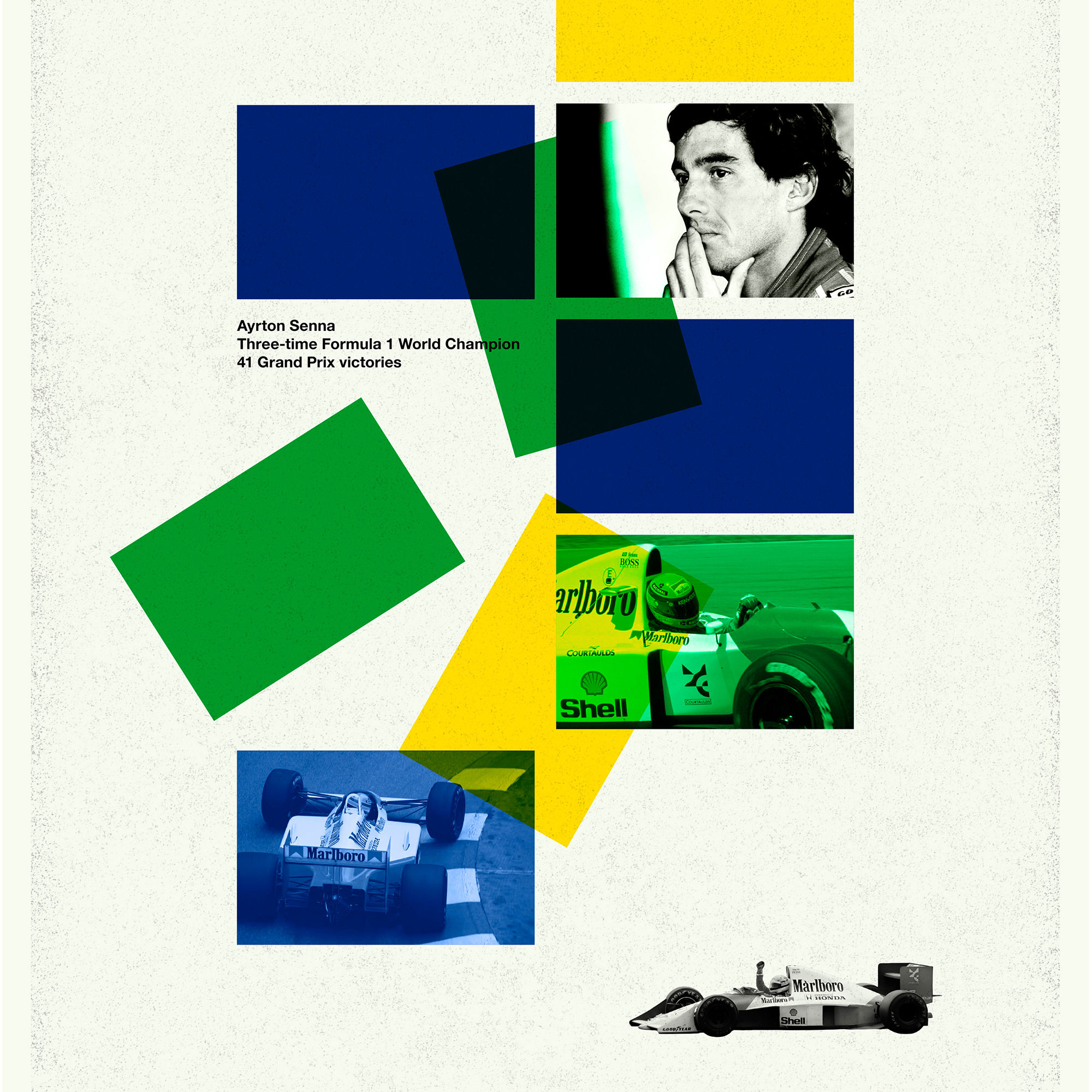 Art print detail featuring Ayrton Senna in a collage-style design with blue, green and yellow geometric shapes