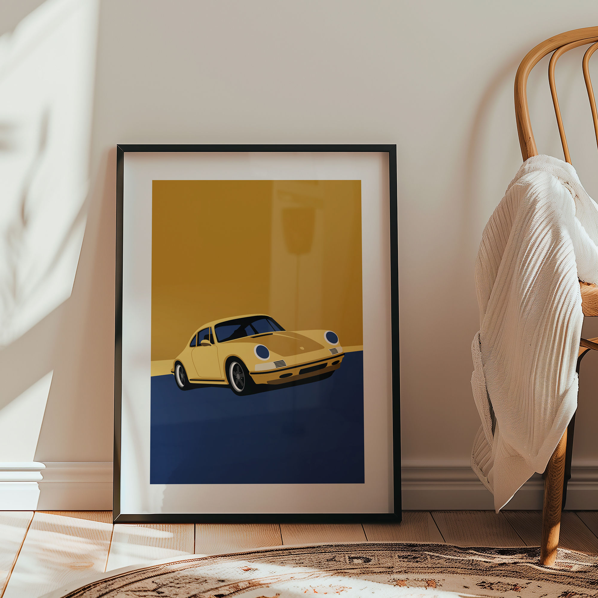 Yellow Porsche 911 S minimalist art print in natural wood frame — early air-cooled Porsche wall art, office or study decor