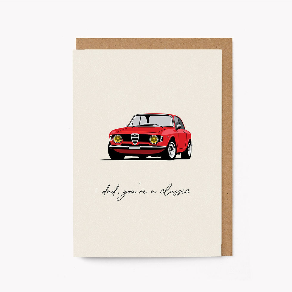 Classic red Alfa Romeo car illustration with handwritten text reading “dad, you're a classic"”.