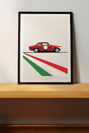 Framed Alfa Romeo print on a table top leaning against a wall