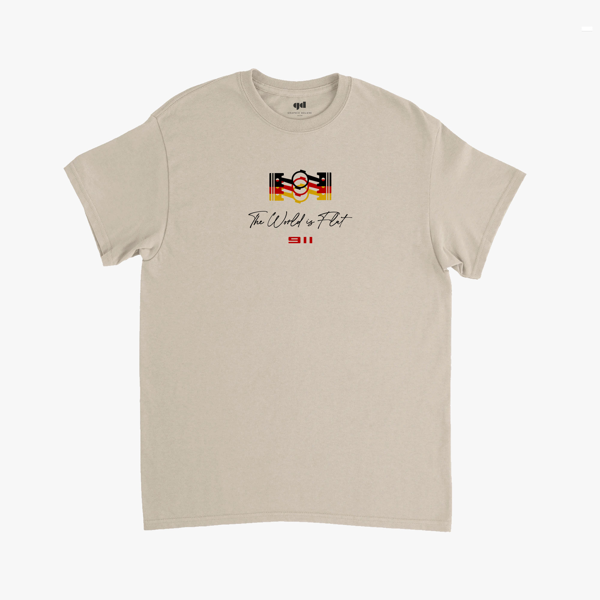 Sand t-shirt with colourful “The World is Flat” automotive-themed graphic design.