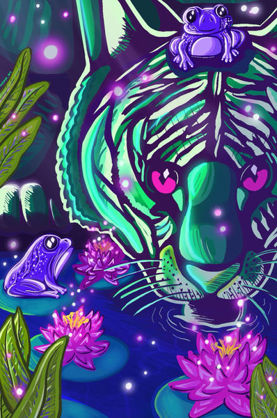 Luminous Tiger and Frogs- Digital Illustrations showcasing a whimsical scene of bright and shiny tiger and frogs. Apart of my selling inventory. 