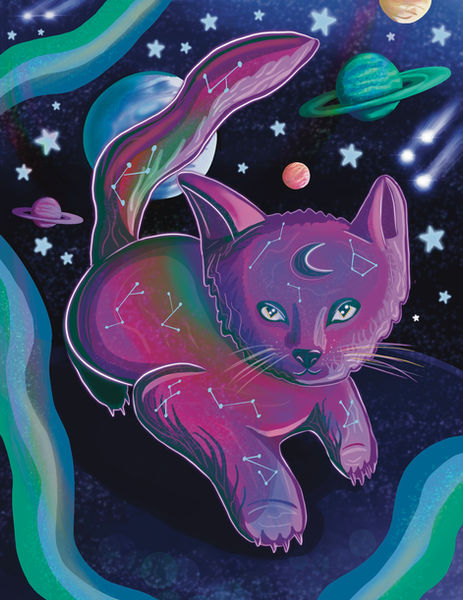 Space Kitty- Whimsical and fantasical digital illustration of a alien kitty sitting in space. Apart of my selling inventory. 