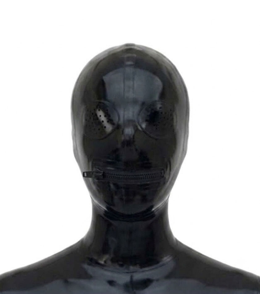 Rubber Latex hood, contrast pin hole eyes, zip mouth without a D Ring Collar