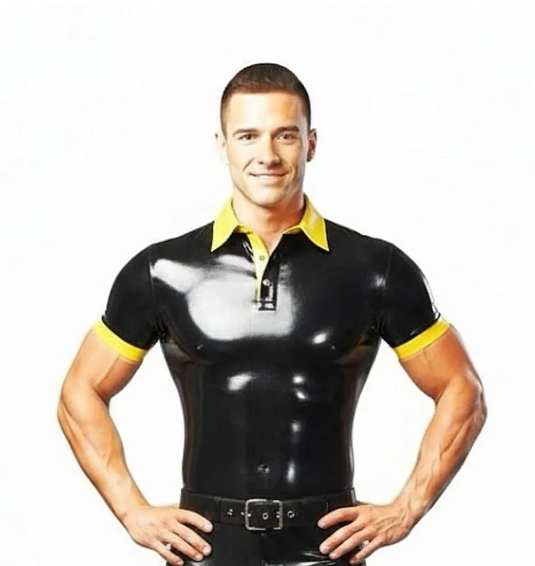 Rubber latex polo shirt 3 studs, short sleeves with contrast colours available.