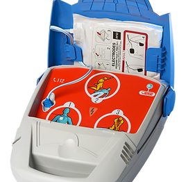 This image displays the CardiAngel® automated external defibrillator with its lid open, revealing pre-connected electrode pads and step-by-step CPR instructions. The color-coded design and instructional illustrations ensure fast, error-free use in emergency situations. Pre-connected pads save critical seconds during a cardiac arrest response, while the built-in visual guide helps even untrained users act confidently until professional help arrives.