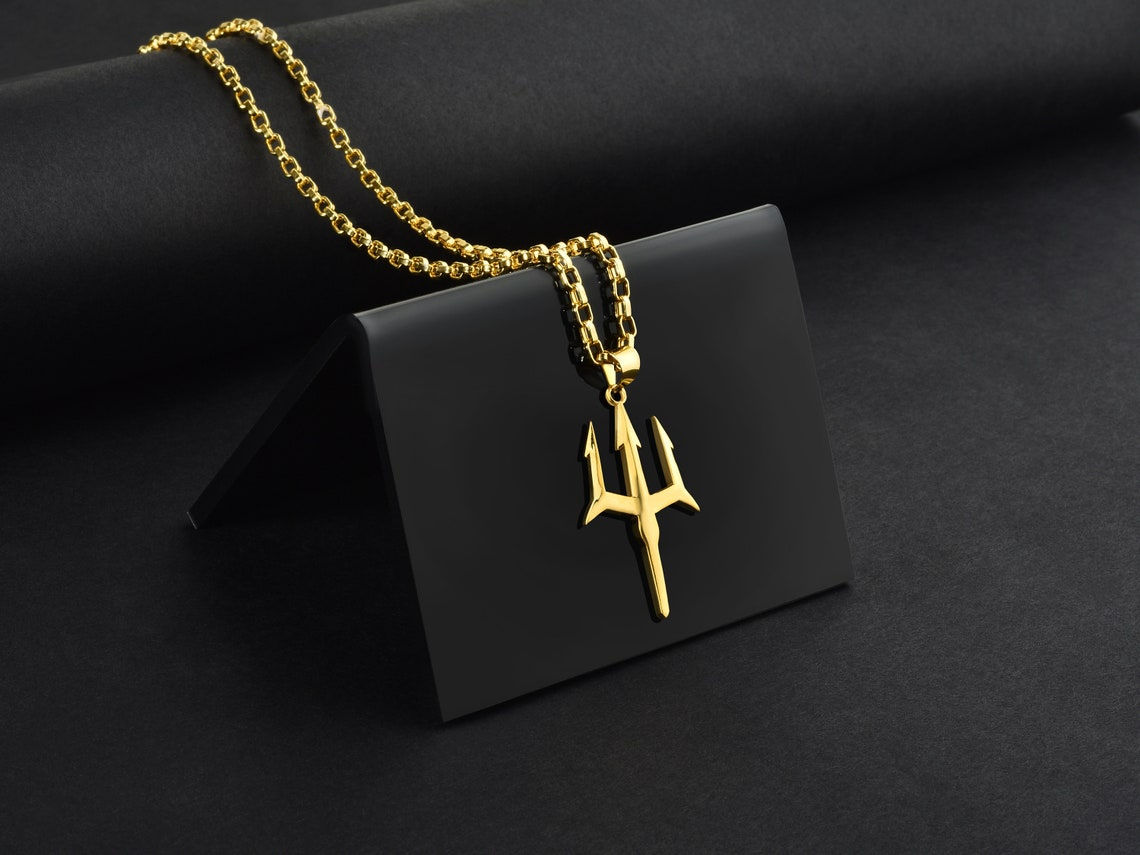 Trident of Poseidon 14K Gold Charm Necklace For Men, Ancient Greek Spear Pendant