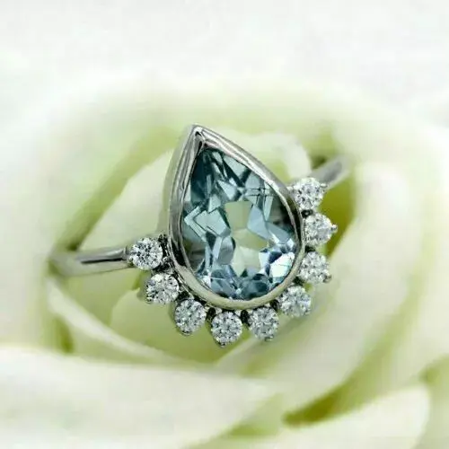Thumbnail: 1.80Ct Pear Aquamarine & CZ Engagement Ring 925 K Silver