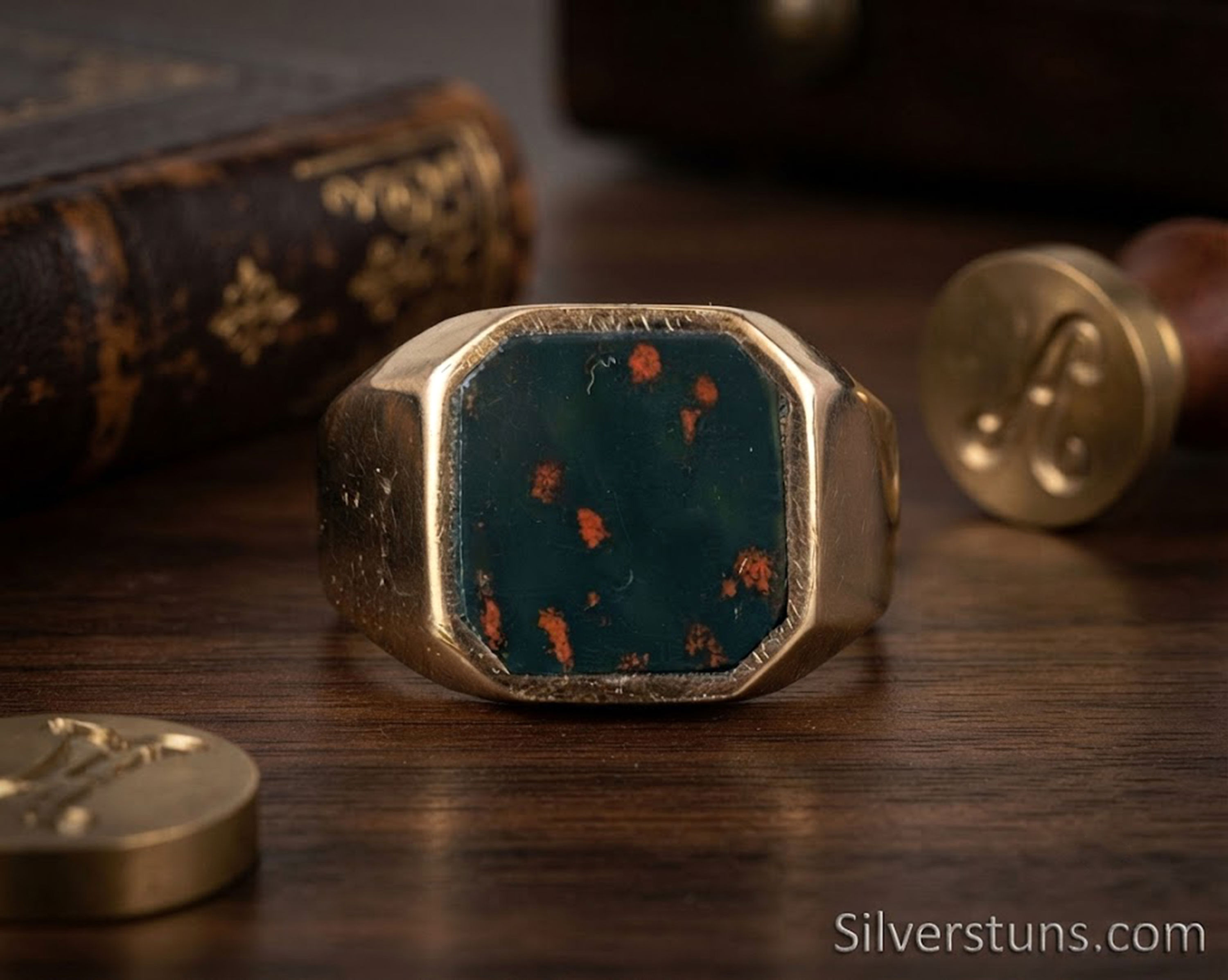Men's 12MM Octagon Flat Bloodstone Signet Ring Gold Plated 925 Sterling Silver