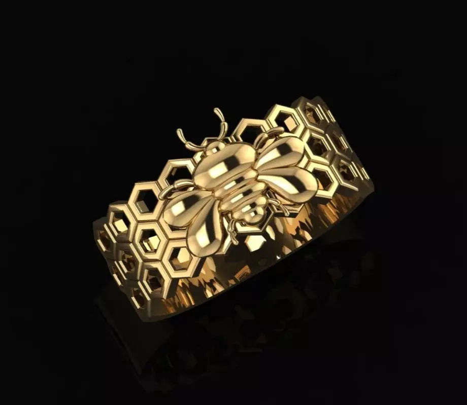 Thumbnail: Honey Bee with Honeycomb Dainty Sterling Silver Ring, Nature Unique Animal Ring