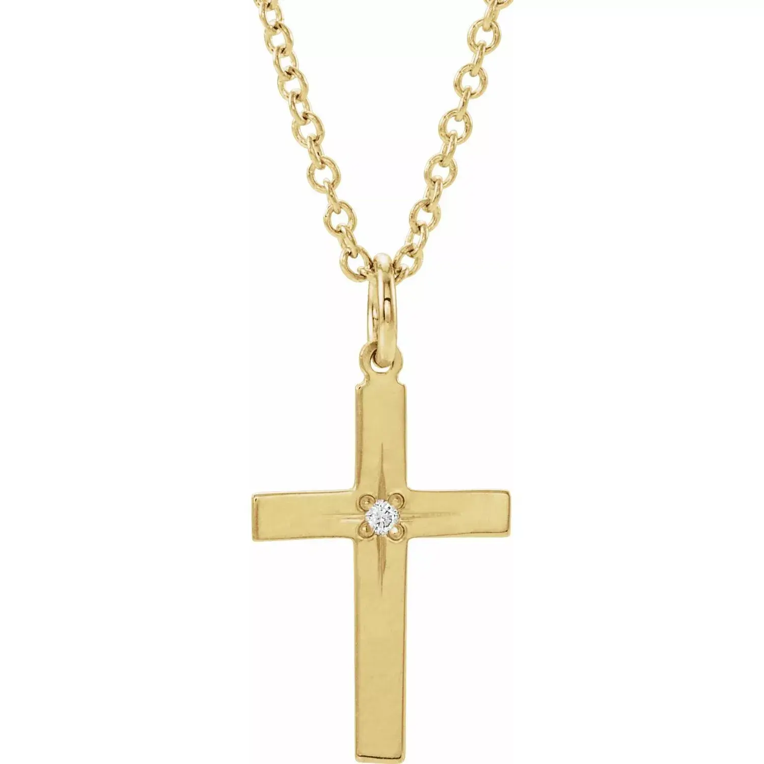 14K Yellow Gold .0075 CT Natural Diamond Cross Pendant Necklace 18" 1.66gm