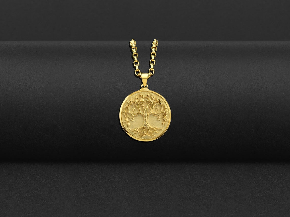 Yggdrasil Norse Medallion Necklace in Yellow Gold, Viking Tree of Life Necklace