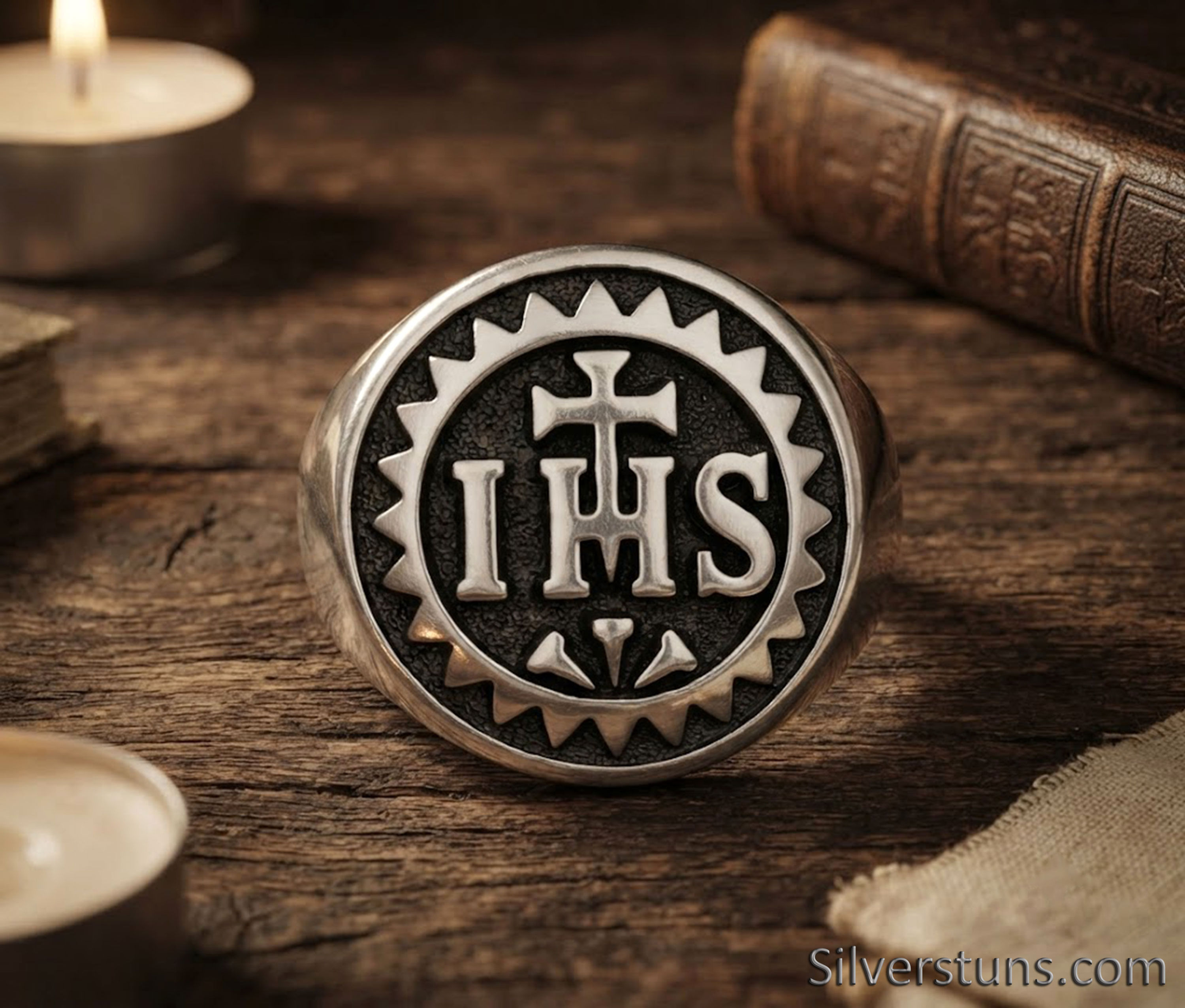 Handmade Unisex IHS Monogram Religious Signet Ring in 925 Sterling Silver