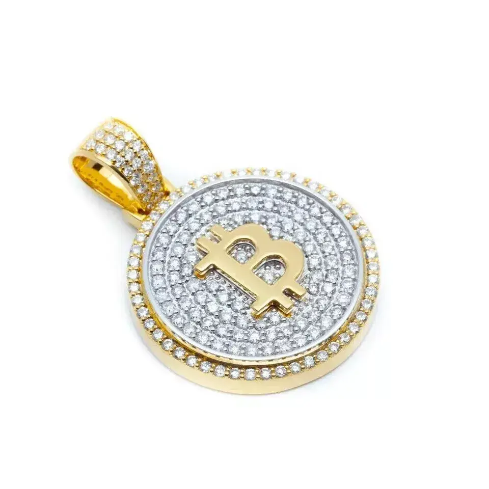 Thumbnail: 3Ct Micro Round Cut Real Moissanite Bitcoin Men Cluster Pendant 14K Yellow Gold