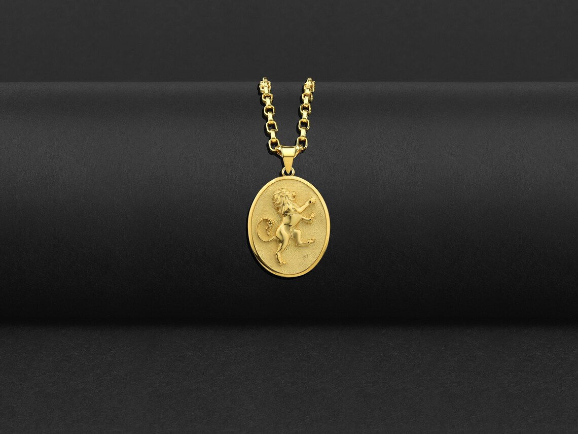 Rampant Lion Necklace in Solid Gold, Heraldic Lion 14K Yellow Gold Necklace