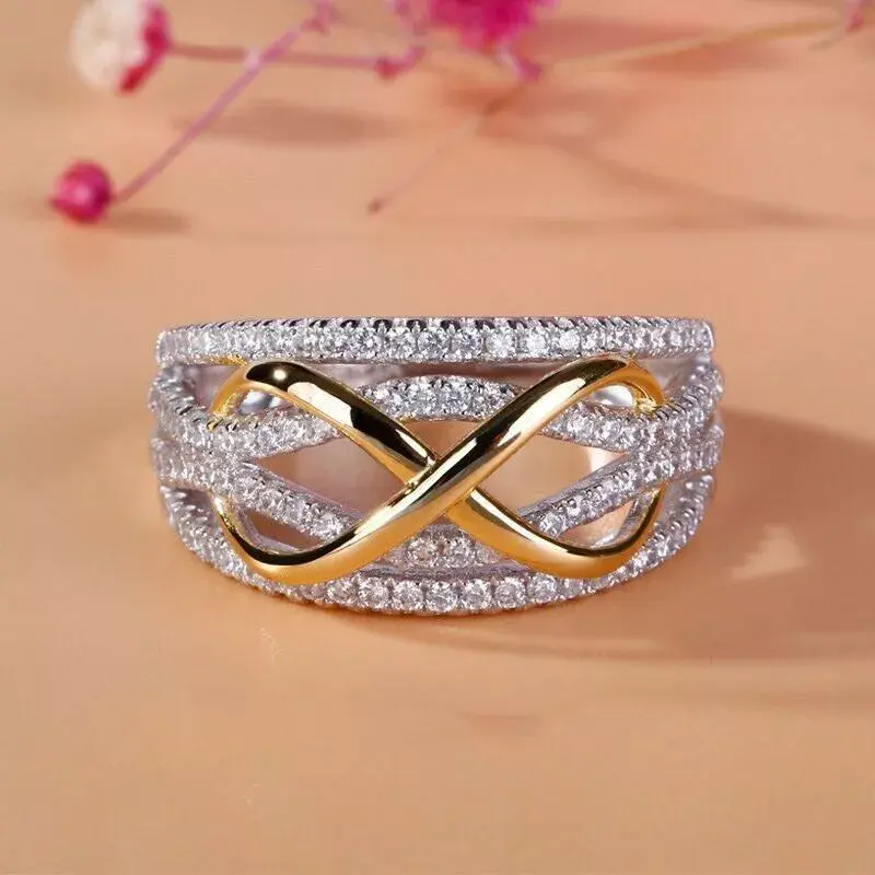 Thumbnail: Solid 925 Silver Infinity Gold Wedding Party Jewelry Ring With CZ