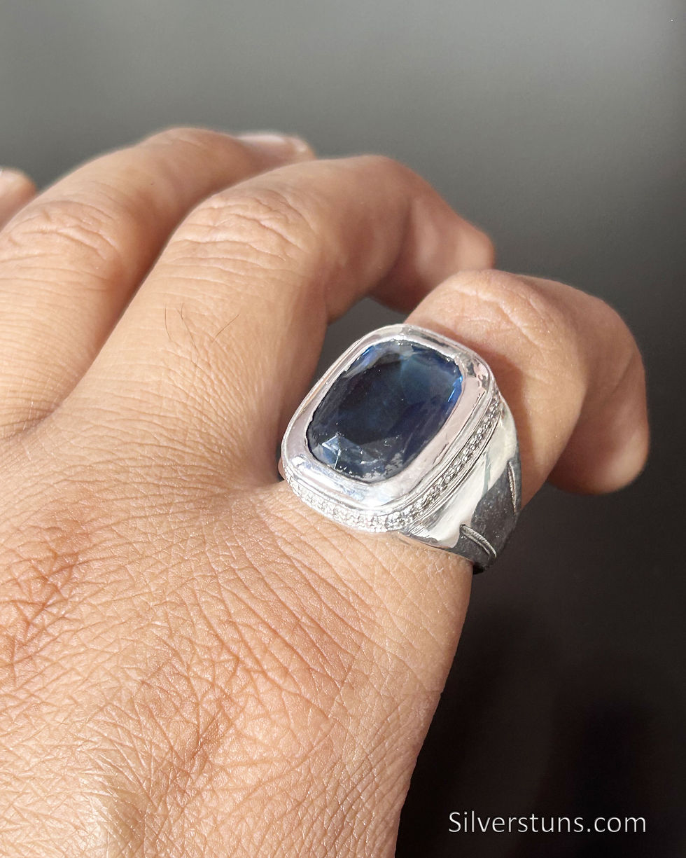 Thumbnail: Men's Blue Sapphire Quartz Cushion Statement Ring in 925 Sterling Silver Ring