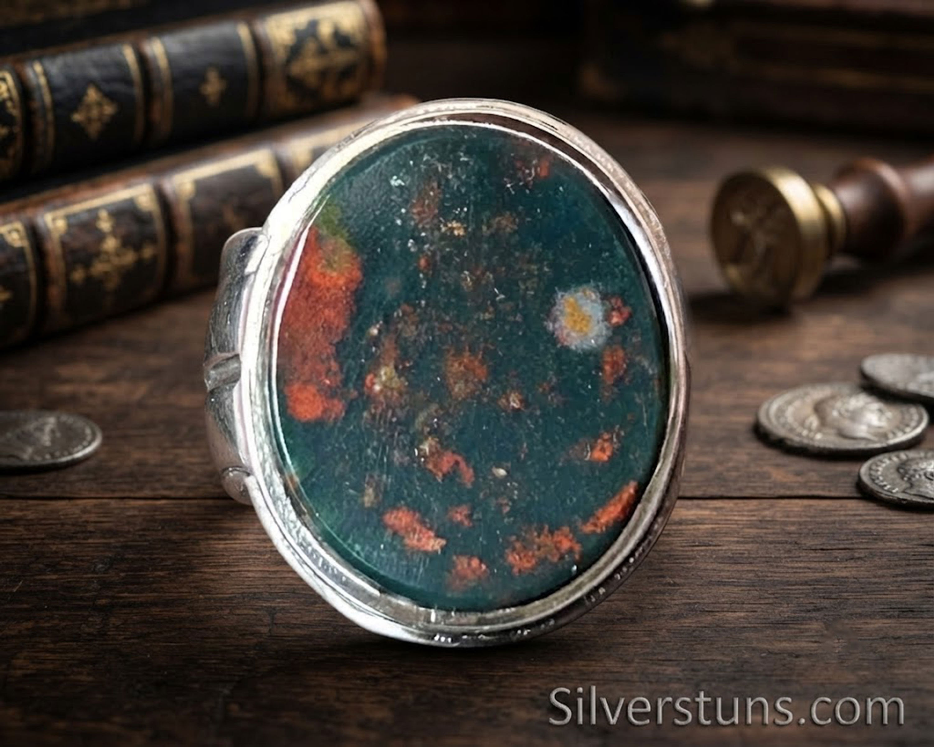 Sterling Silver, Bloodstone Ring, Gemstone Signet Men's Ring, Anniversary Gift