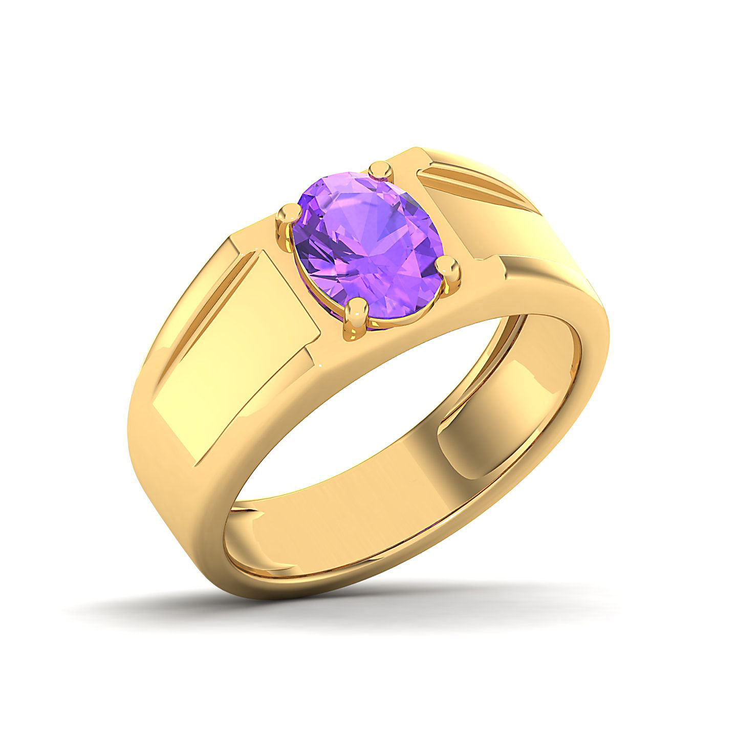 14k Solid Yellow Gold Oval Amethyst Modern Signet Ring