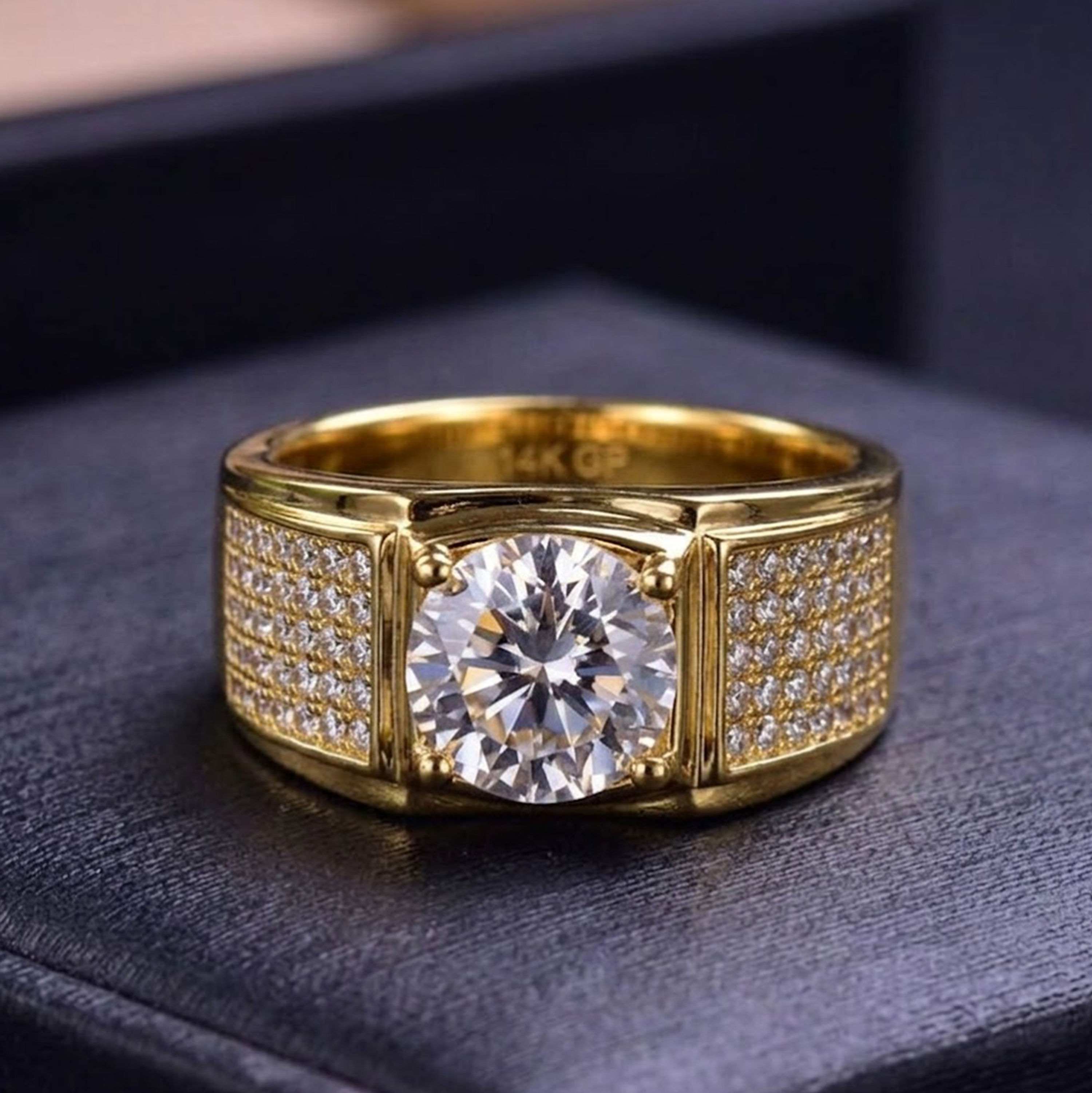 Solid 14K Gold Men's Round Moissanite Solitaire Signet Ring