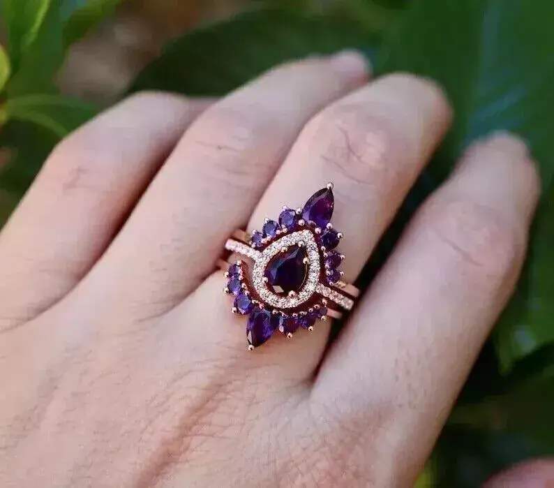 3Ct Pear Cut African Purple Amethyst Halo Trio Ring Set 14k Rose Gold