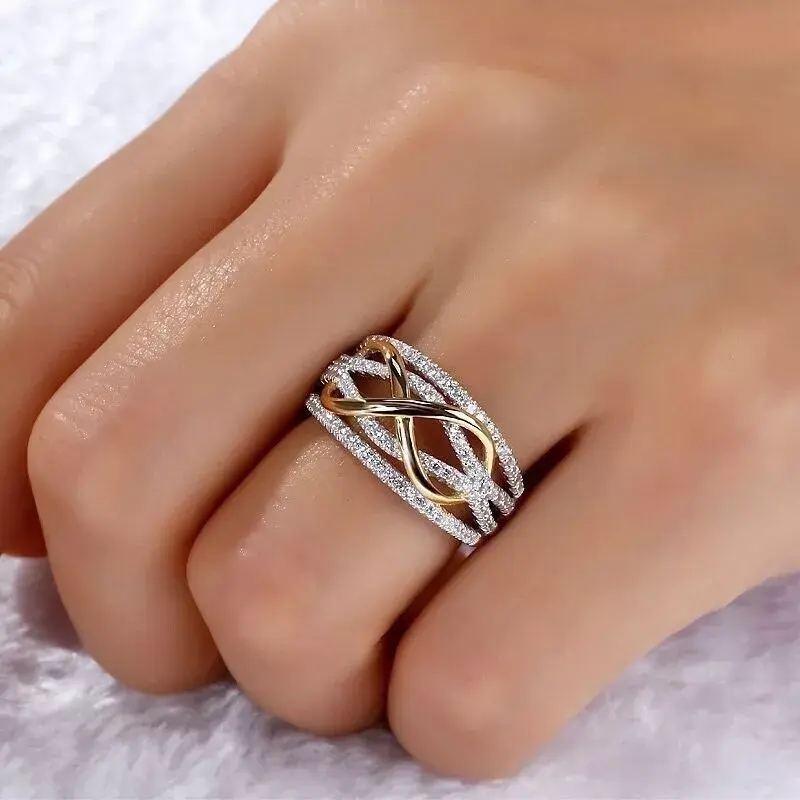 Thumbnail: Solid 925 Silver Infinity Gold Wedding Party Jewelry Ring With CZ