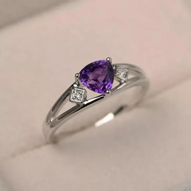 Thumbnail: 1.06 Ct Natural Trilliant Cut Amethyst & CZ Engagement Ring 925K Silver