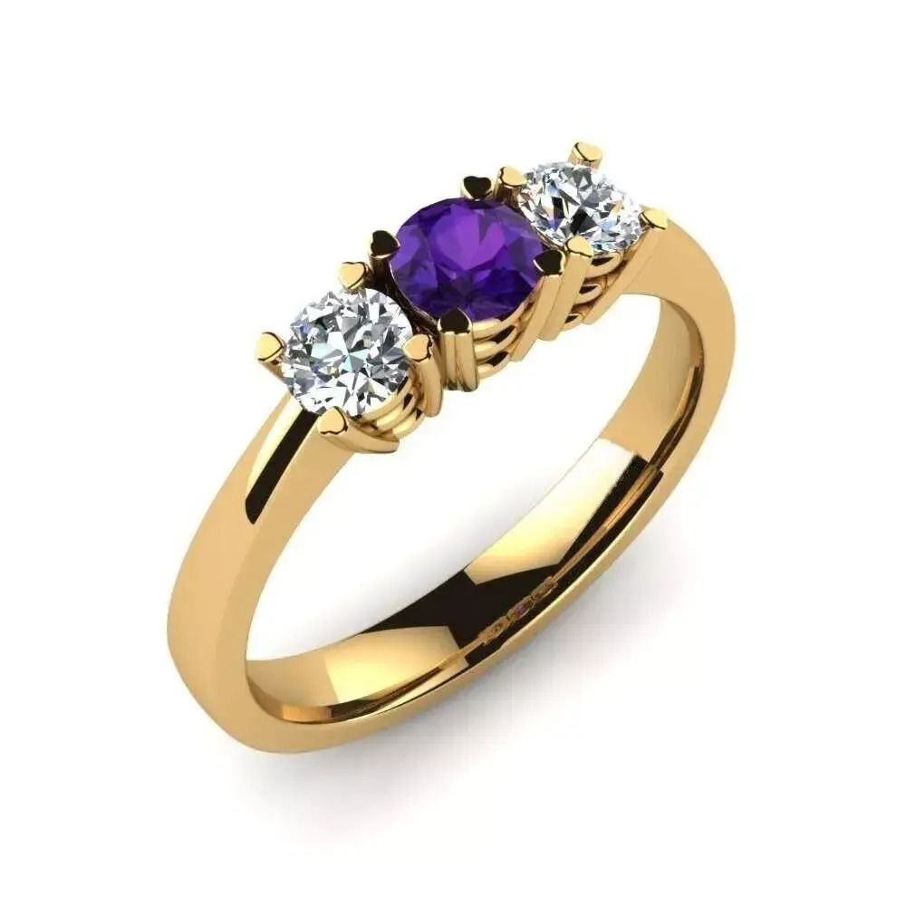 Wedding Gift For Her 925 Silver Natural Amethyst Gemstone Three-Stone Ring