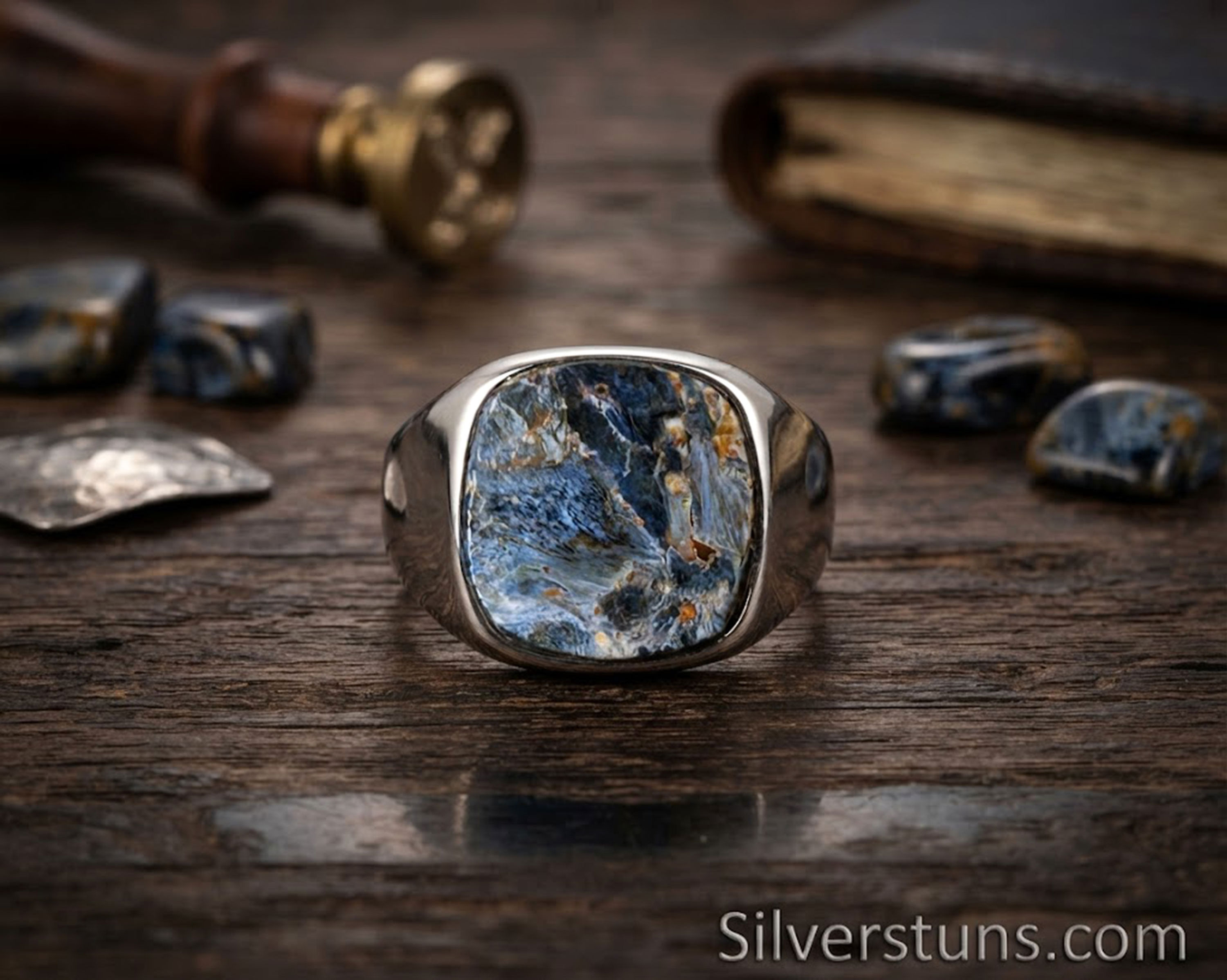Pietersite Men's Ring, Architectural Signet Ring 925 Sterling Silver Jewelry