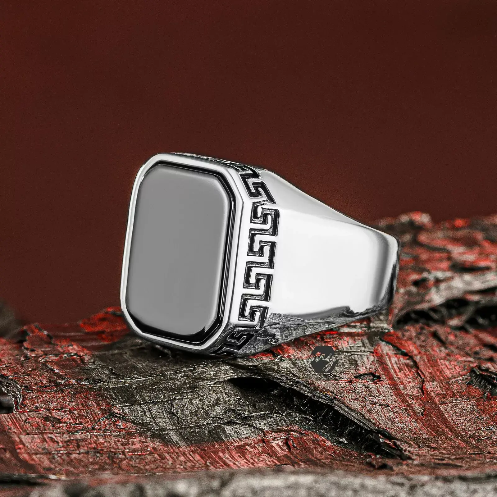 925 Sterling Silver Custom Cut Hematite Stone Elegant Men's Ring