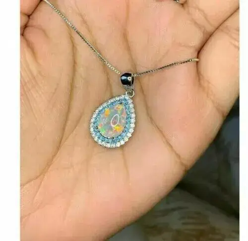 Thumbnail: 2.40 Ct Pear Ethiopian Fire Opal 925K Sterling Silver Teardrop Halo Pendant
