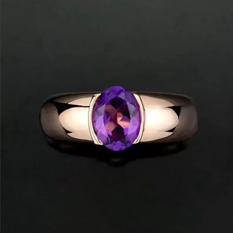 Solitaire Amethyst Unisex 14K Gold Ring Half Bezel Set Birthday Gifts