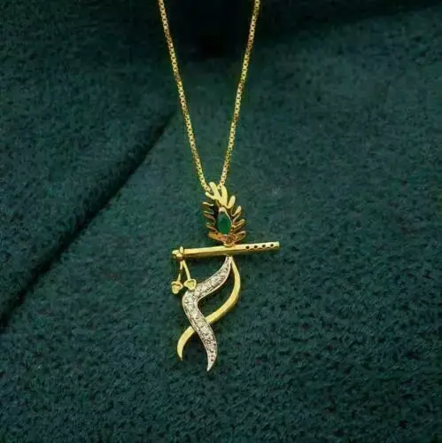 Thumbnail: 14K Yellow Gold Filled Krishna Flute Engagement Pendant 1.00CT Simulated Diamond