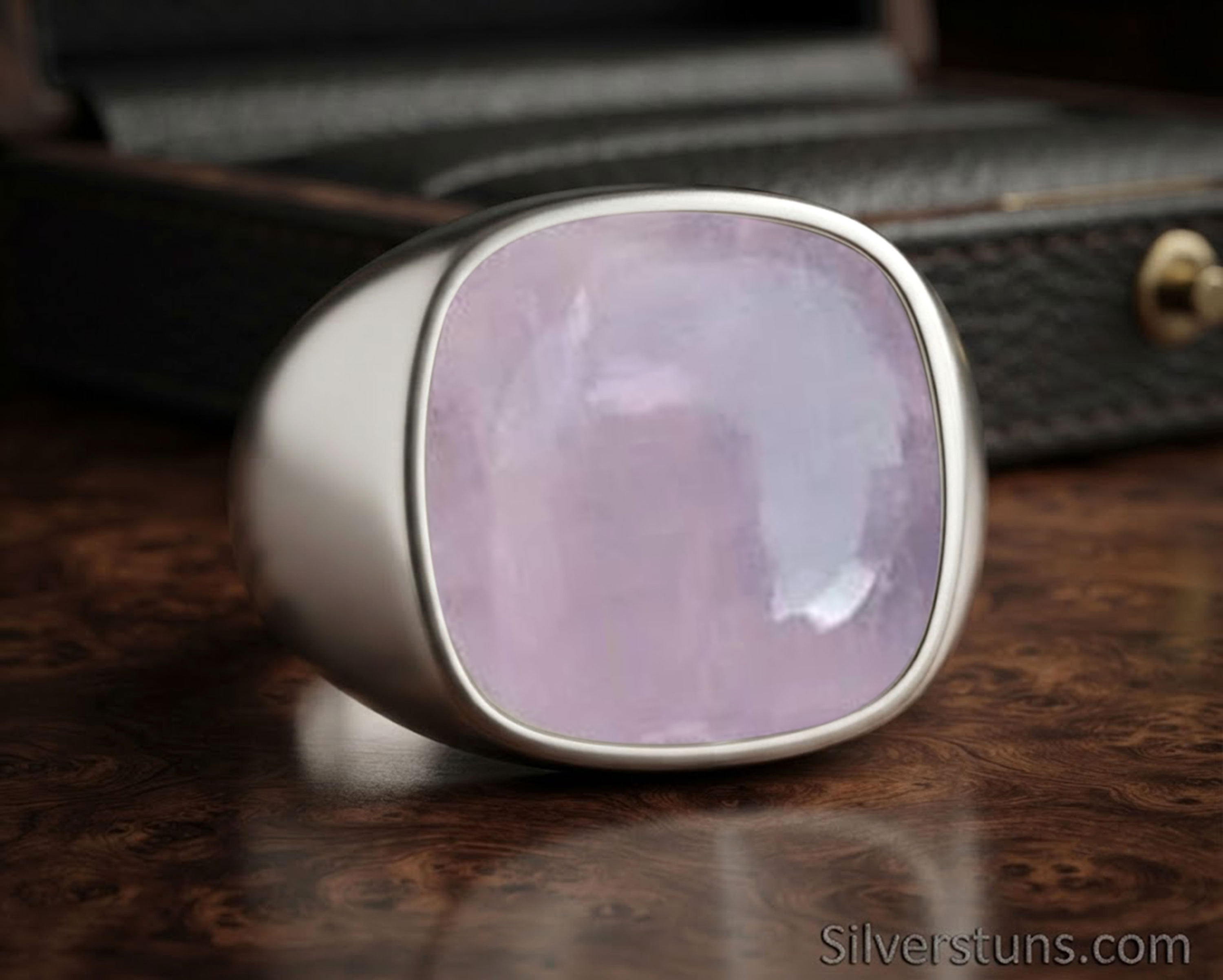 Rose Quartz Signet Ring 15mm Cushion Shape 925 Sterling Silver Ring