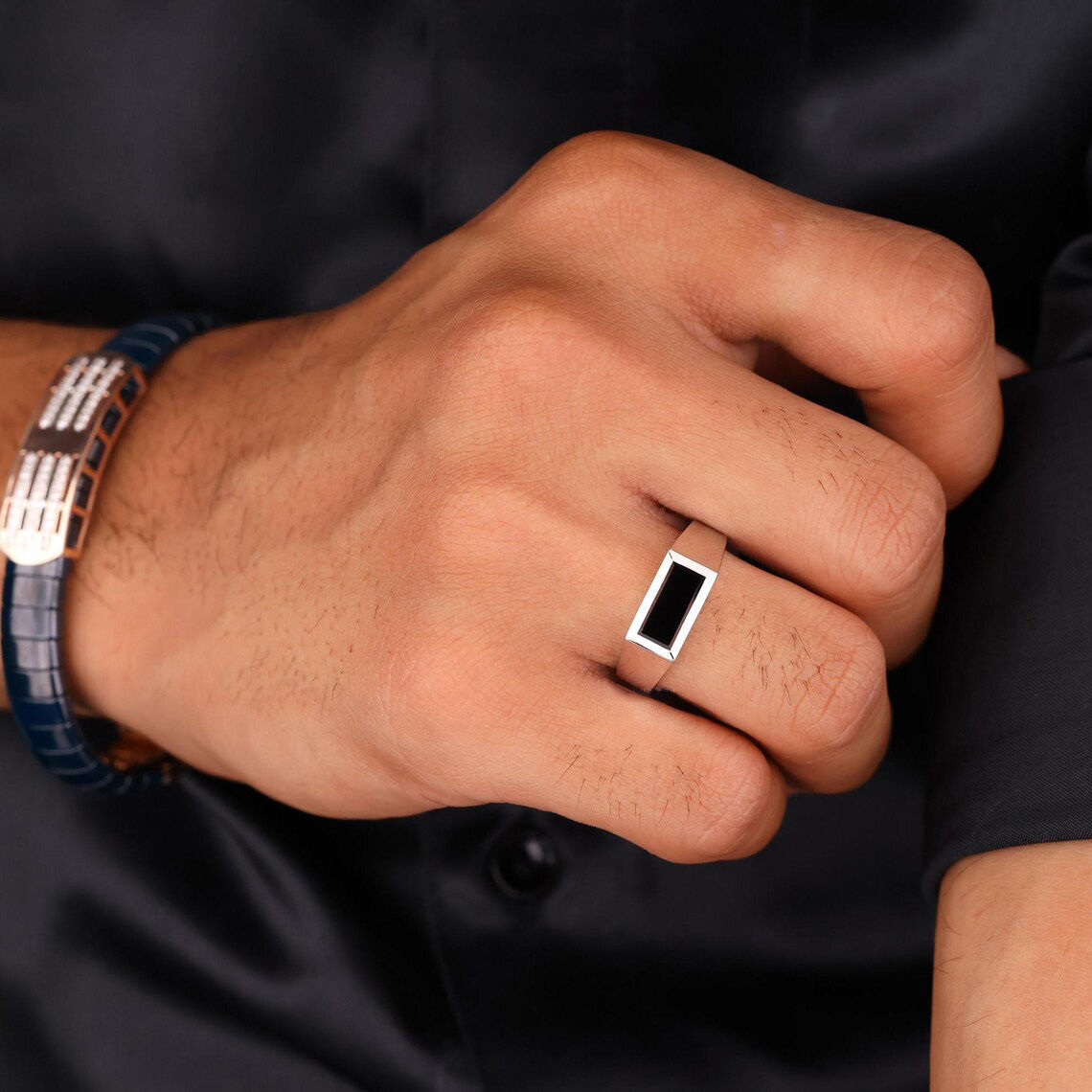 1.80 Ct Baguette Cut Black Onyx Mens Ring, Perfect Bezel Set Wedding Ring