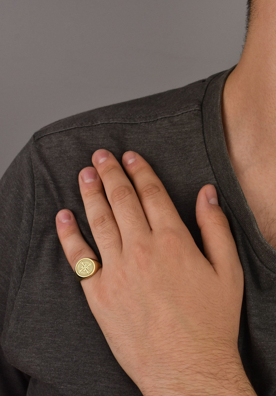 14K Solid Gold Compass Signet Ring, Graduation Gift, North Star Signet Ring