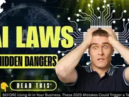Man holding head in distress against a digital background. Text reads AI Laws: Hidden Dangers. Notable text: Read This. Trending Now.