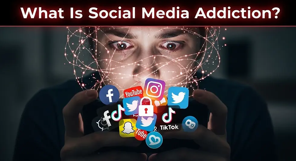 Person staring intently at a smartphone with social media icons, surrounded by glowing network lines. Text reads: "What Is Social Media Addiction?"