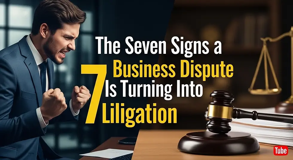 A man in a blue suit holds clenched fists, appearing frustrated. Text reads "The Seven Signs a Business Dispute Is Turning Into Litigation" in yellow and white.