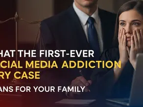 A concerned woman in a courtroom watches a laptop. The scale of justice is visible. Text: "What the First-Ever Social Media Addiction Jury Case Means for Your Family."