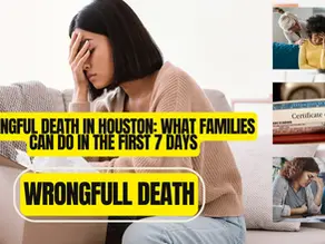 Woman sitting on a couch, head in hand, surrounded by images of grieving people and a death certificate. Yellow text reads "Wrongful Death."