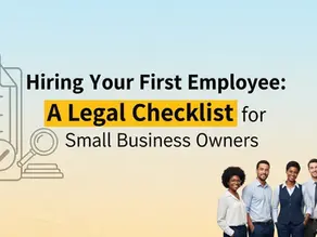 Diverse group of professionals smile in business attire. Text: Hiring Your First Employee: A Legal Checklist for Small Business Owners.