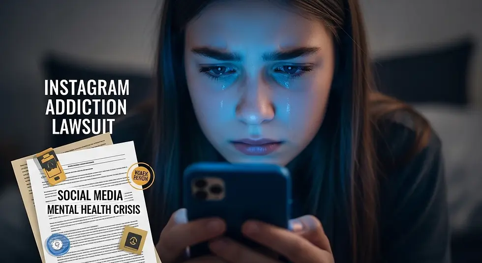 Teen girl with tears using a phone, text reads "Instagram Addiction Lawsuit" and "Social Media Mental Health Crisis." Dim setting, blue glow.