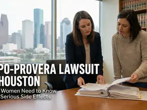 Two women, appearing to be attorneys or legal staff, review documents on a table in an office overlooking the Houston skyline, with overlay text that reads: "DEPO-PROVERA LAWSUIT IN HOUSTON: What Women Need to Know After Serious Side Effects."